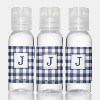 Monogram on Navy Blue White Gingham Hand Sanitizer