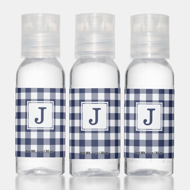 Monogram on Navy Blue White Gingham Hand Sanitizer (Set)