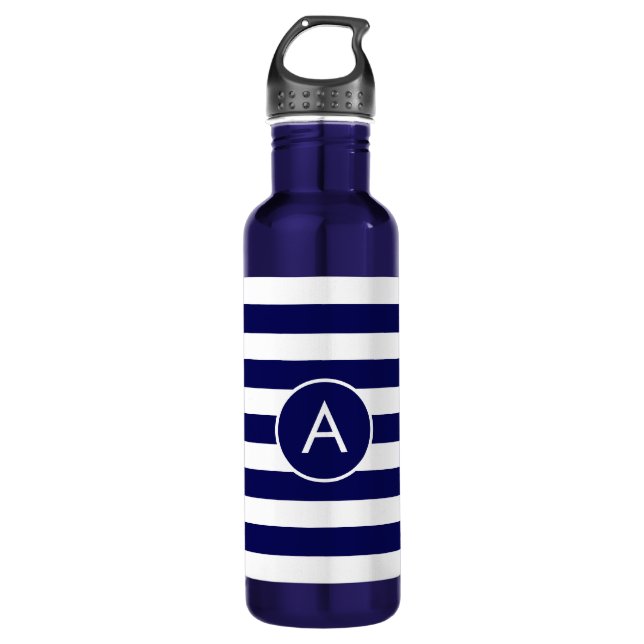 Monogram on Navy Blue & White Striped Stainless Steel Water Bottle (Front)