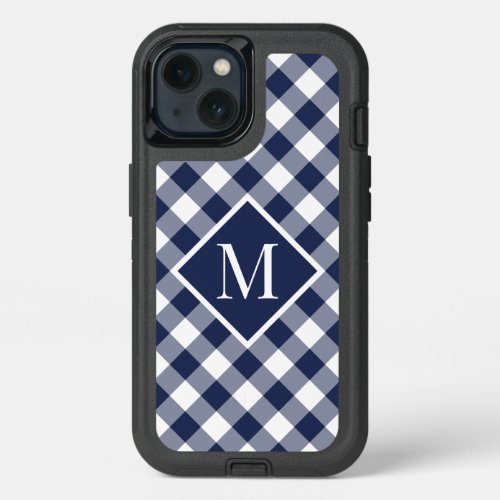 Monogram on Navy White Buffalo Check Pattern iPhone 13 Case