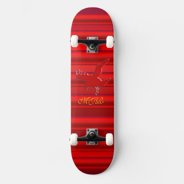 Monogram on Raven logo with red chrome-effect Skateboard Deck (Front)