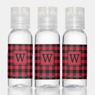 Monogram on Red and Black Gingham Pattern Hand Sanitizer