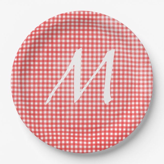 Monogram on red and white gingham design paper plates (Front)