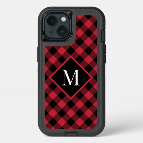 Monogram on Red Black Buffalo Check Pattern iPhone 13 Case