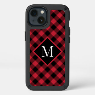 Monogram on Red Black Buffalo Check Speck iPhone 13 Case
