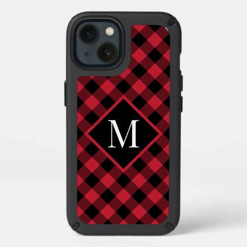 Monogram on Red Black Buffalo Check Speck iPhone 13 Case