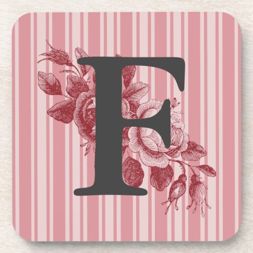 Monogram on Red Cabbage Rose Spray Customize It Beverage Coaster