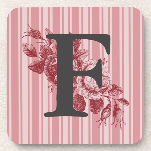 Monogram on Red Cabbage Rose Spray Customize It Beverage Coaster (Front)