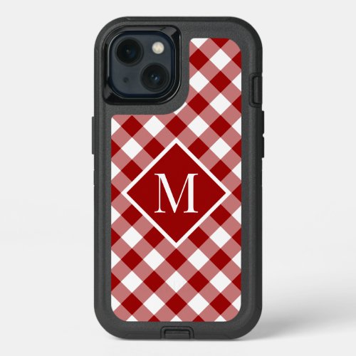 Monogram on Red White Buffalo Check Pattern iPhone 13 Case