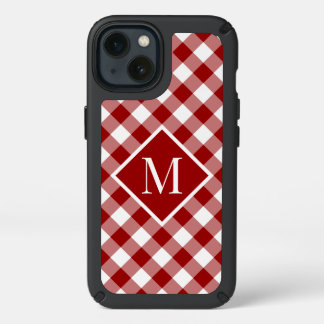 Monogram on Red White Buffalo Check Speck iPhone 13 Case