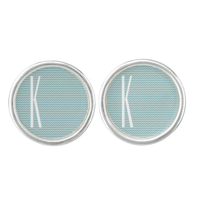 Monogram on Retro Blue Mini Chevron Pattern Cufflinks (Front)