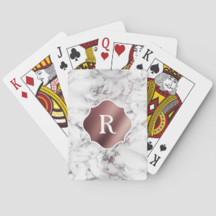 Monogram on Rose Gold and White Marble Poker Cards
