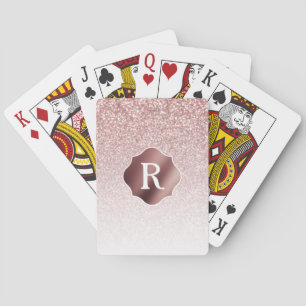 Monogram on Rose Gold Glitter White Ombre Poker Cards