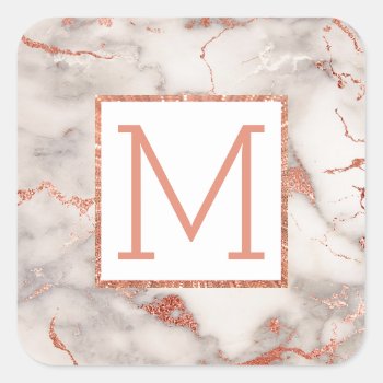 Monogram On Rose Gold Marble Square Sticker by amoredesign at Zazzle