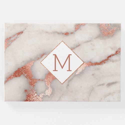 monogram on rose gold marble stone guest book