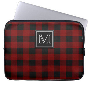 Monogram on Rugged Red and Black Plaid Laptop Sleeve
