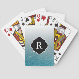 Monogram on Sparkling Aqua Ombre Glitter Poker Cards