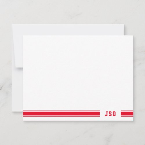 Monogram on Sporty Stripes Bright Red  White Note Card