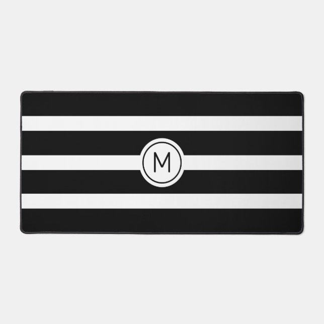 Monogram on Striped Black & White Desk Mat (Front)