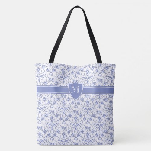 Monogram on Stylish Periwinkle Blue Ogee Pattern Tote Bag