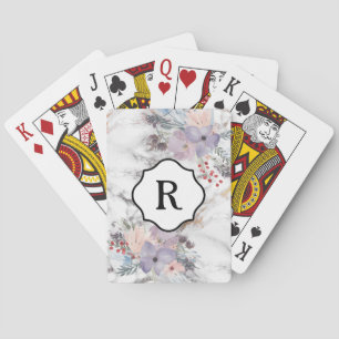 Monogram on Subtle Watercolor Flowers Gold Marble Poker Cards