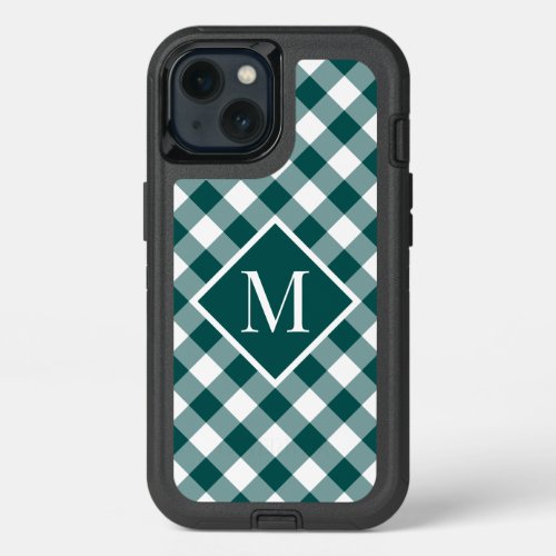 Monogram on Teal White Buffalo Check Pattern iPhone 13 Case