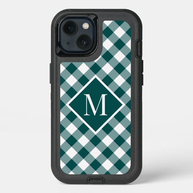 Monogram on Teal White Buffalo Check Pattern Otterbox iPhone Case (Back)