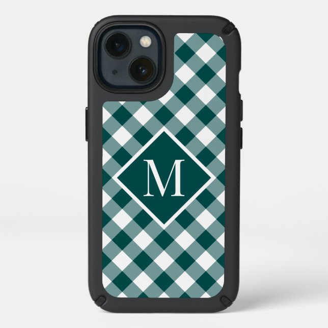 Monogram on Teal White Buffalo Check Speck iPhone 13 Case (Front)