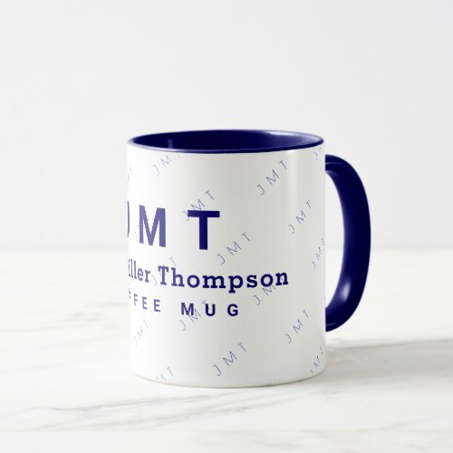 monogram on white  blue mug with name