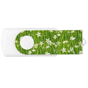 Monogram on White Flowers and Plant Leaves Flash Drive