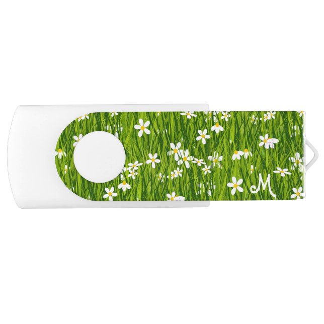 Monogram on White Flowers and Plant Leaves Flash Drive (Front)