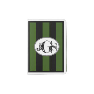 MONOGRAM on WHITE, HUNTER GREEN & BLACK Stripes Passport Holder