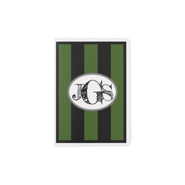 MONOGRAM on WHITE, HUNTER GREEN & BLACK Stripes Passport Holder (Front)