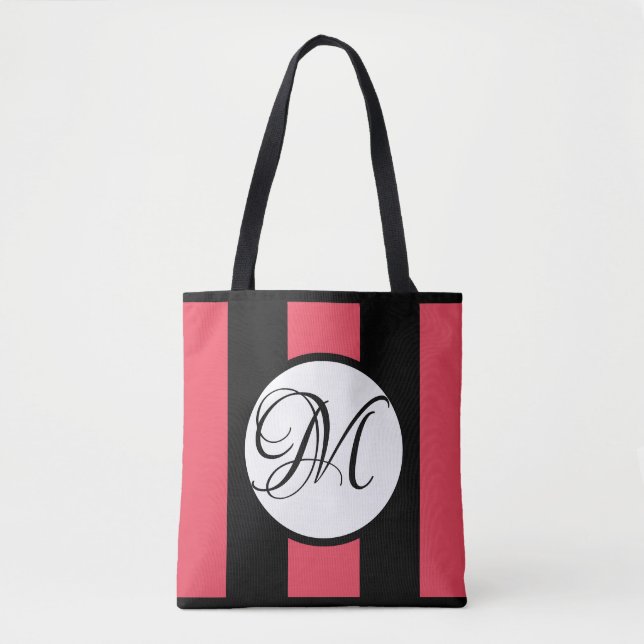 MONOGRAM on WHITE w/WATERMELON & BLACK Stripes Tote Bag (Front)