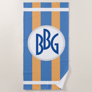 Monogram on wide stripes of Marine Blue & Marigold Beach Towel