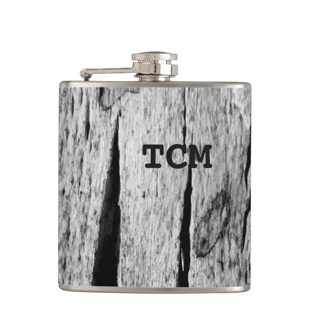 Monogram on wood black and white flask (Front)