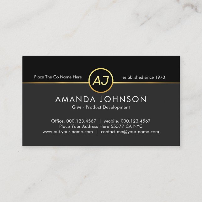 Monogram One Gold Line Black Grey Layer GM Business Card (Front)