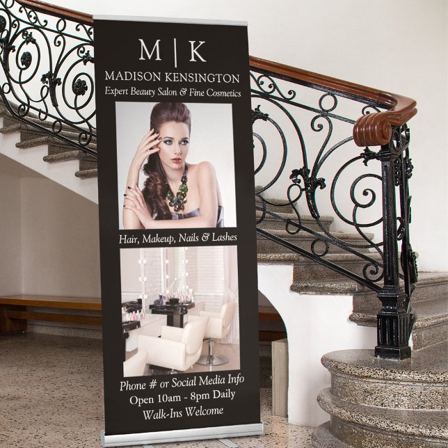 Monogram or Add Logo 2 Photo Business Black Retractable Banner (Edit to Customize text, colors and more)
