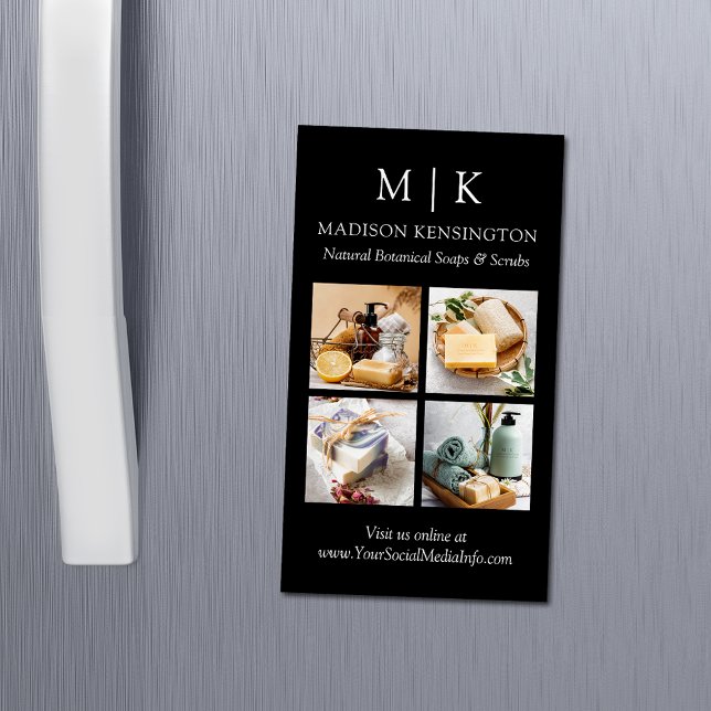 Monogram or Add Logo 4 Photos Business Card Magnet (Edit to Customize text, colors and more)