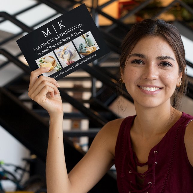 Monogram or Add Logo Business 3 Photo Card (Edit to Customize text, colors and more)