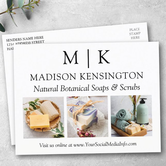 Monogram or Add Logo Business 3 Photos Postcard (Edit to Customize text, colors and more.)