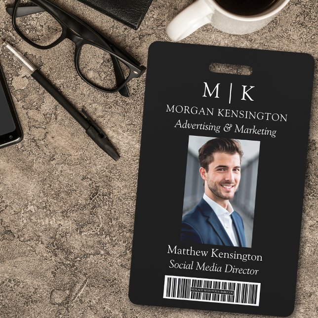 Monogram or Add Logo Business Black Barcode Photo Badge (Edit to Customize text, colors and more)