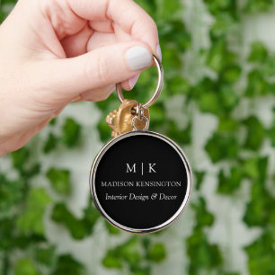 Monogram or Add Logo Business Black Round Keychain