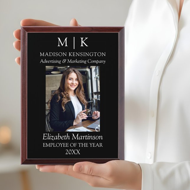 Monogram or Add Logo Business Employee of The Year Award Plaque (Customize to change text size, text style or background color.)