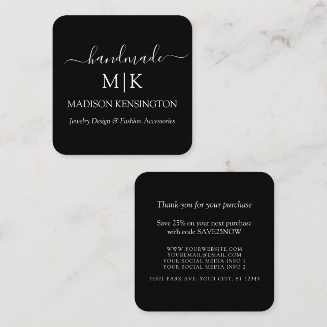 Monogram or Add Logo Business Handmade Insert Card (Front/Back)