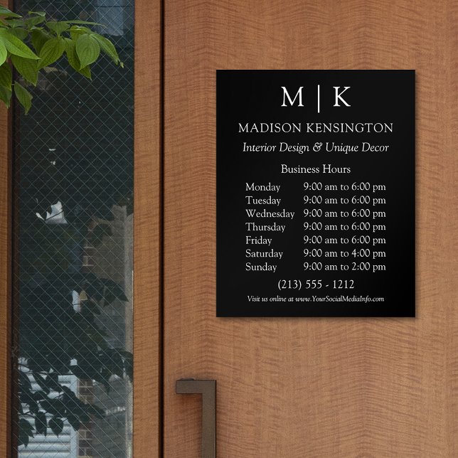 Monogram or Add Logo Business Hours Black Acrylic Photo Tile (Edit to Customize text, colors and more)