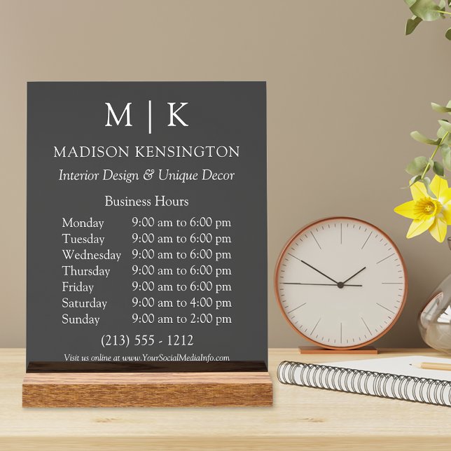 Monogram or Add Logo Business Hours Black Acrylic Sign (Customize to change text size or text style.)