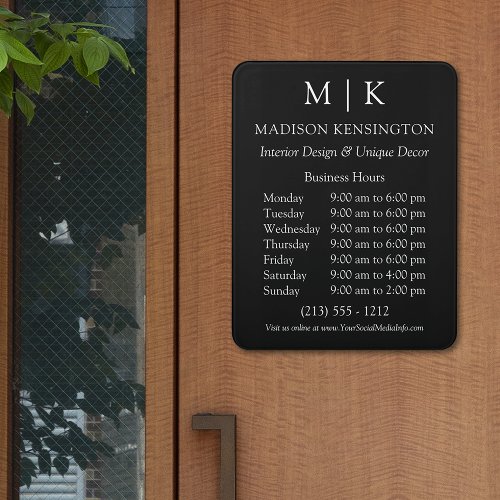 Monogram or Add Logo Business Hours Black Door Sign