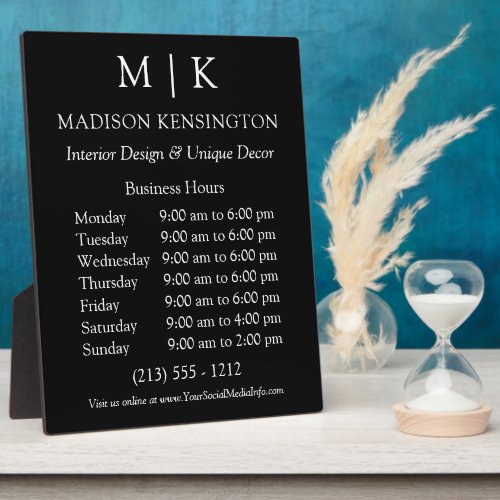 Monogram or Add Logo Business Hours Black Plaque