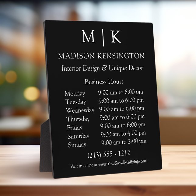 Monogram or Add Logo Business Hours Black Plaque (Edit to Customize text, colors and more)